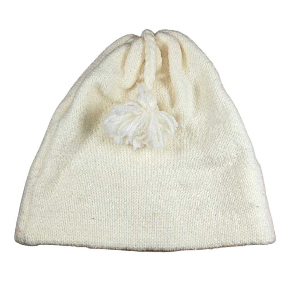 Vintage Beanie Girls Womens Cream with Pom Pom 70s or 80s? Acrylic 10x9